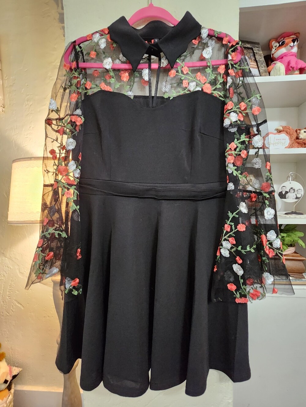 Black Fit-and-Flare Dress with Floral Embroidered Sheer Sleeves P2p 20.5 Size L
